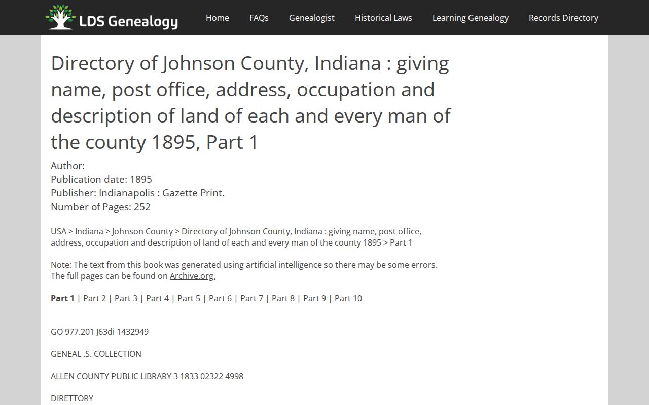 Digitized 1895 Johnson County directory search page for Franklin research